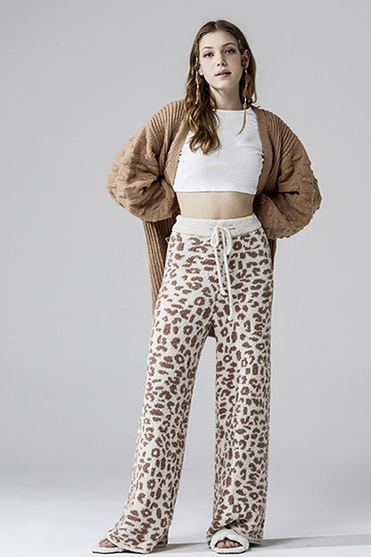Aleah Plus Size Leopard Lounge Pants in cream with camel spots and relaxed wide leg fit