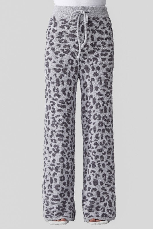 Aleah Leopard Lounge Pants in light grey with charcoal leopard print, fuzzy knit fabric