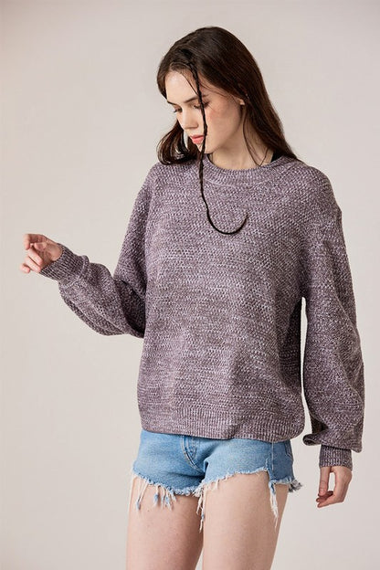 Regular side angle Cocoa heathered knit balloon sleeve sweater.