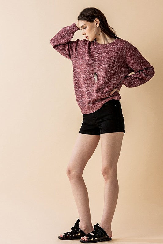 Regular side angle Marsala heathered balloon sleeve knit sweater.