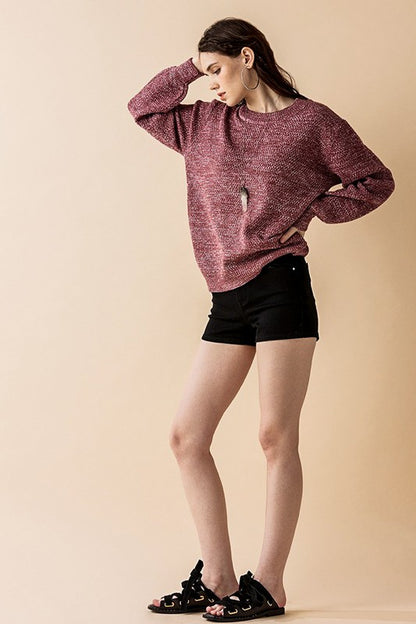 Regular side angle Marsala heathered balloon sleeve knit sweater.