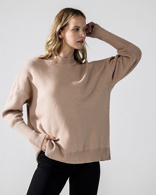 Taupe Danika Mock Neck Sweater front view with balloon sleeves