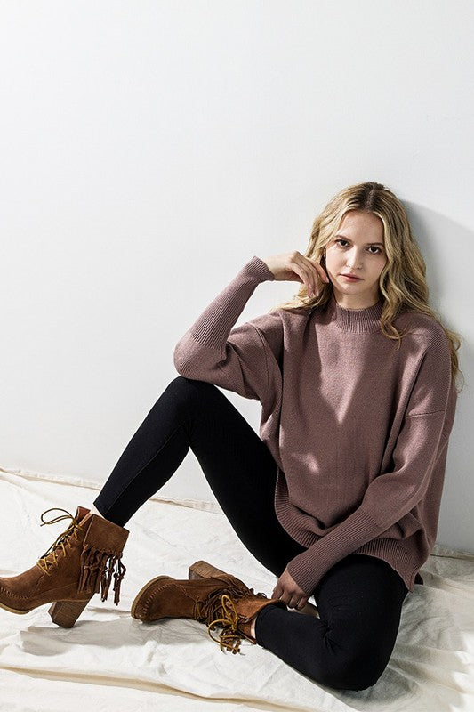 Coco Danika Mock Neck Sweater front view with mock neckline and side slit