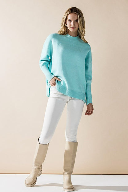 Aqua Mint Danika Mock Neck Sweater full body styled with denim
