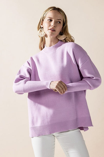 Lavender Danika Mock Neck Sweater front view showing balloon sleeves
