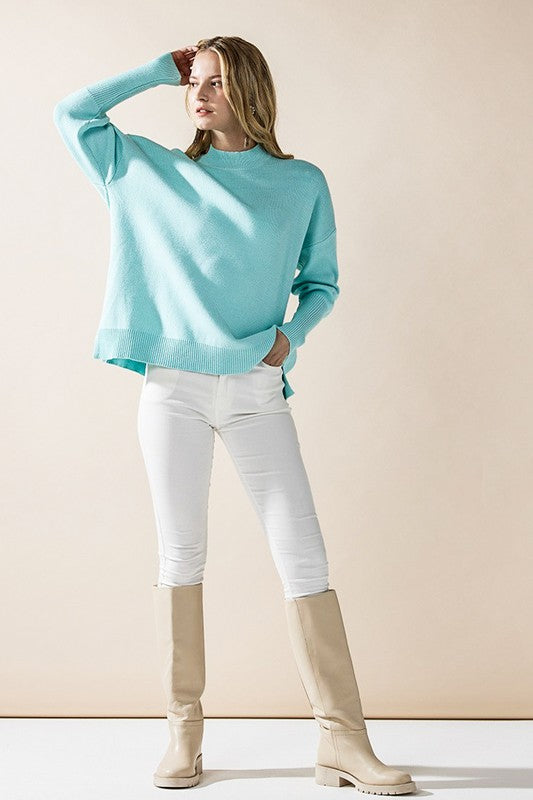 Aqua Mint Danika Mock Neck Sweater full body outfit showing side slit