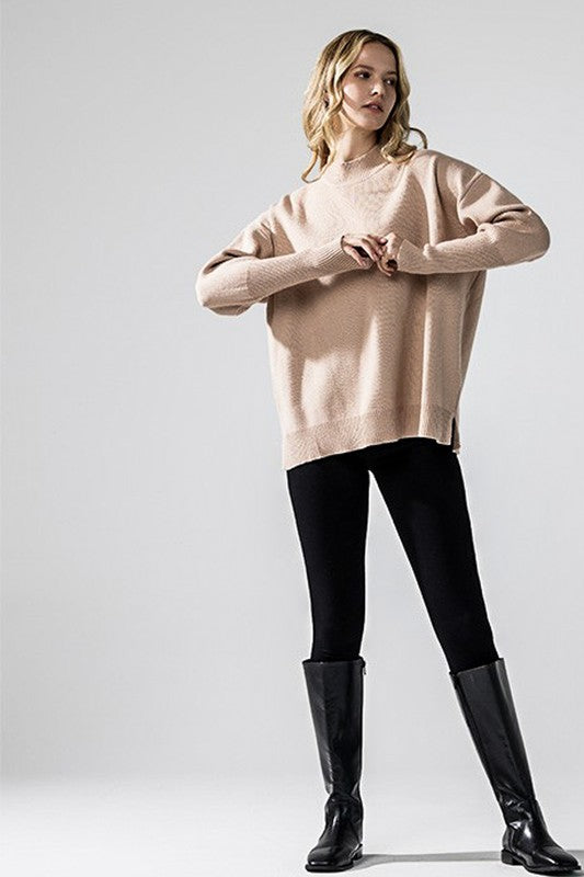 Taupe Danika Mock Neck Sweater full body outfit with side slit detail