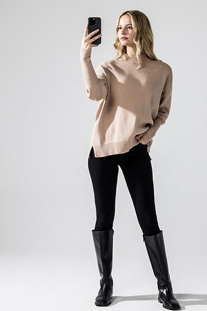 Taupe Danika Plus Size Mock Neck Sweater full body outfit showing side slit