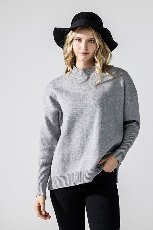 Light Grey Danika Plus Size Mock Neck Sweater front view with ribbed cuffs