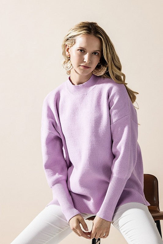 Lavender Danika Plus Size Mock Neck Sweater front view with balloon sleeves
