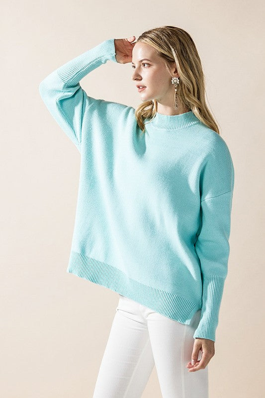 Aqua Mint Danika Plus Size Mock Neck Sweater full body outfit highlighting side slit