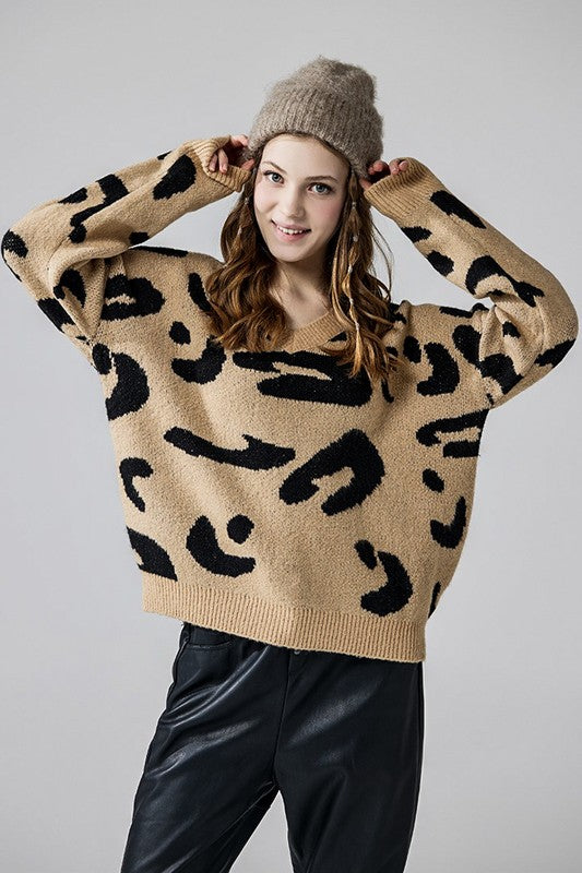 Tiana Plus Size Leopard Sweater taupe fuzzy mohair knit with oversized relaxed sleeves