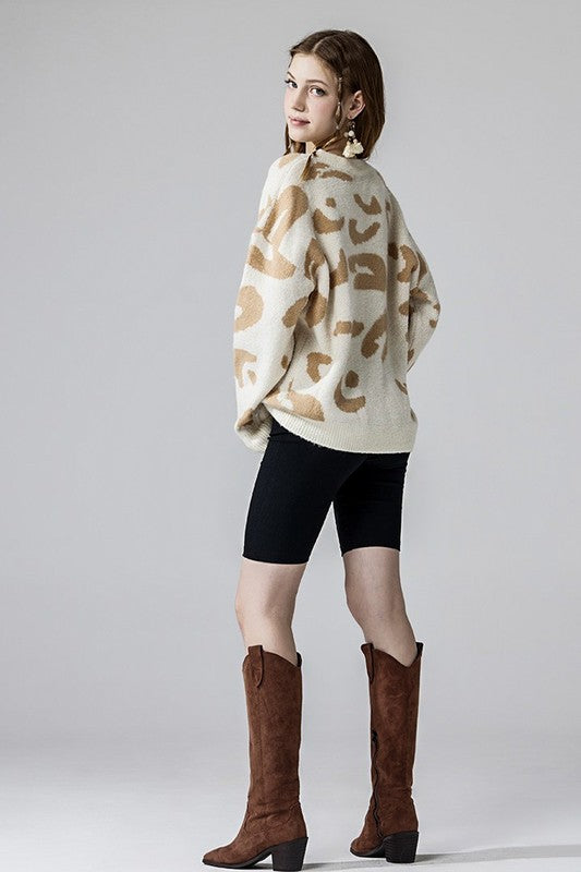 Tiana Plus Size Leopard Sweater cream fuzzy knit with taupe animal print and relaxed fit