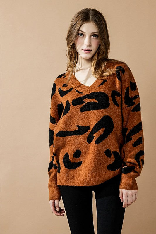 Tiana Plus Size Leopard Sweater camel fuzzy knit with bold black leopard print and V-neck