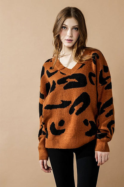 Tiana Plus Size Leopard Sweater camel fuzzy knit with bold black leopard print and V-neck