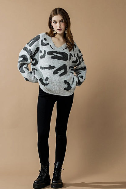 Tiana Plus Size Leopard Sweater heather grey fuzzy knit with black jacquard leopard design