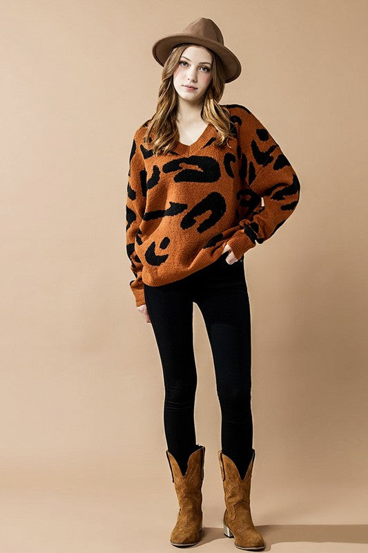 Tiana Plus Size Leopard Sweater camel mohair knit with striking black animal print pattern