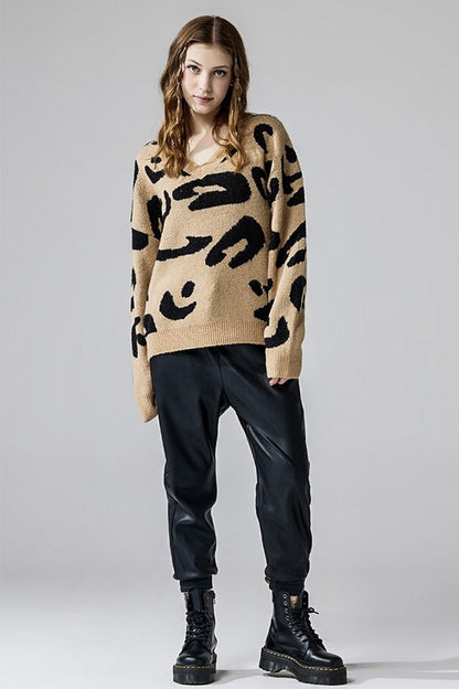 Tiana Plus Size Leopard Sweater in taupe fuzzy knit with bold black jacquard pattern