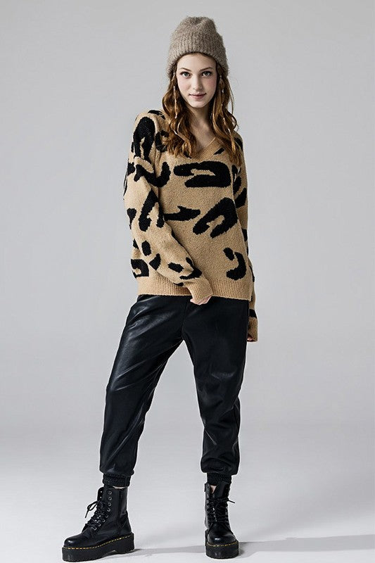 Tiana Plus Size Leopard Sweater taupe fuzzy knit with dropped shoulders and leopard design