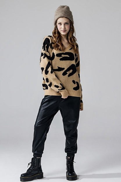 Tiana Plus Size Leopard Sweater taupe fuzzy knit with dropped shoulders and leopard design