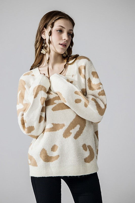 Tiana Plus Size Leopard Sweater cream fuzzy knit with taupe leopard jacquard design