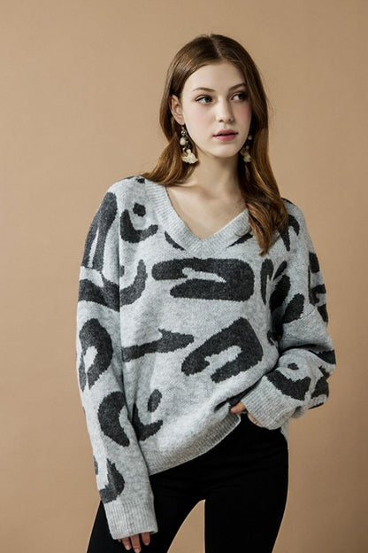 Tiana Leopard Sweater heather grey with black print, relaxed fit front view