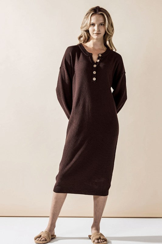 Margot Plus Size Sweater Dress in chocolate brown knit with button-front detail.