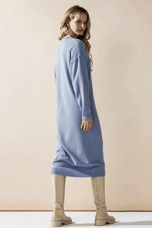 Margot Plus Size Sweater Dress in light blue knit with coconut button detail.