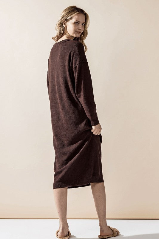 Margot Plus Size Sweater Dress in chocolate with soft stretch knit and midi length.