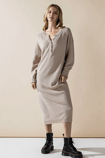 Margot Sweater Dress in taupe with lightweight breathable knit fabric.