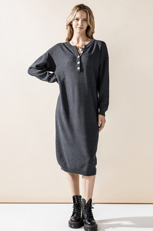 Margot Sweater Dress in charcoal gray knit with scoop neckline and button detail.