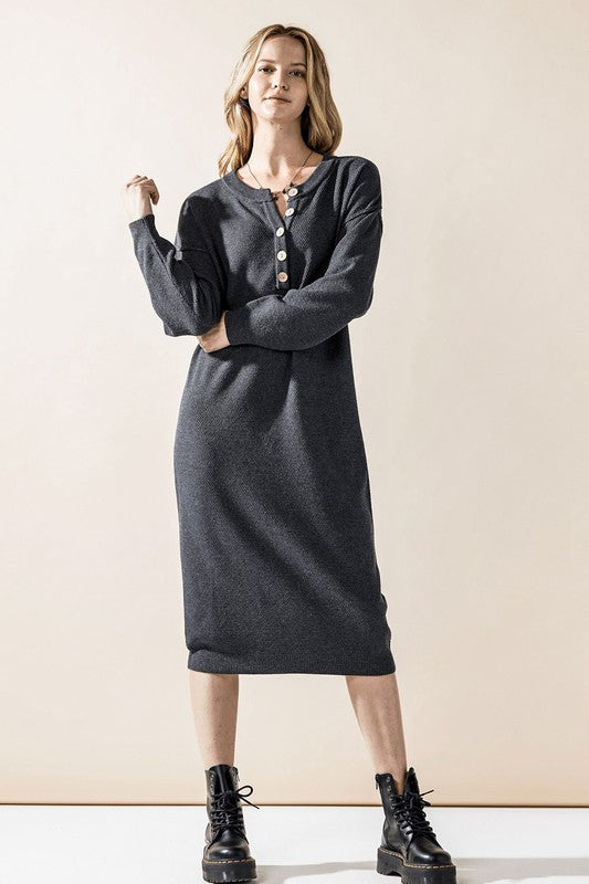 Margot Sweater Dress in charcoal knit with long sleeves and midi length.
