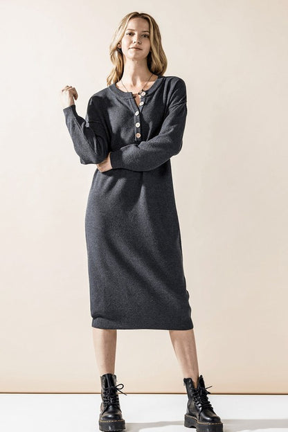 Margot Sweater Dress in charcoal knit with long sleeves and midi length.