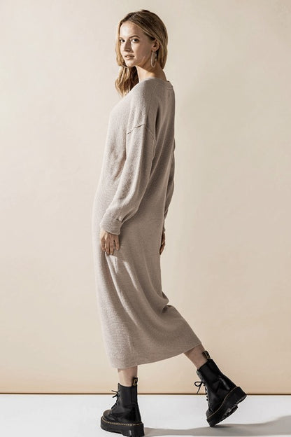 Margot Sweater Dress in taupe knit with button-front neckline.