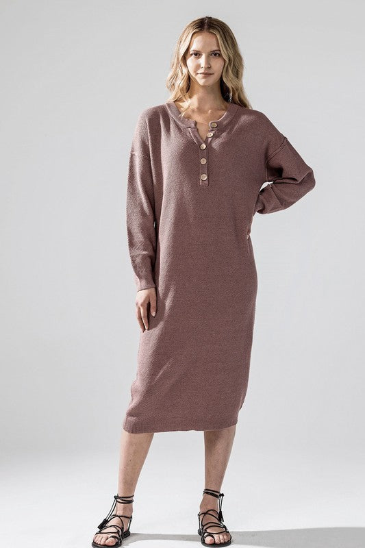 Margot Sweater Dress in coco beige knit with scoop neckline and button front.