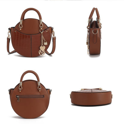 Collage showing front, side, back, and bottom views of the cognac Nobella Croco Crossbody MKF Collection by Mia K.