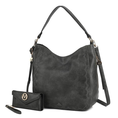 Charcoal MKF Lucille shoulder bag & wallet set with adjustable strap.
