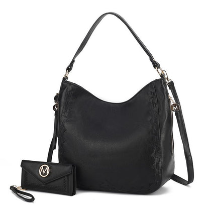 Black MKF Lucille 2-piece handbag set, gold-tone hardware, spacious pockets.