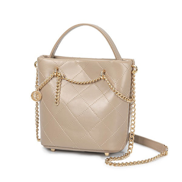 Taupe MKF Damaris Crossbody Bag, quilted finish, gold hardware, detachable chain strap.