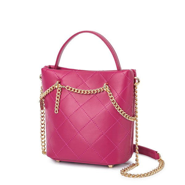 Fuchsia MKF Damaris Crossbody Bag with quilted design, gold hardware, zipper closure.