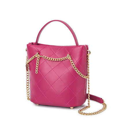 Fuchsia MKF Damaris Crossbody Bag with quilted design, gold hardware, zipper closure.