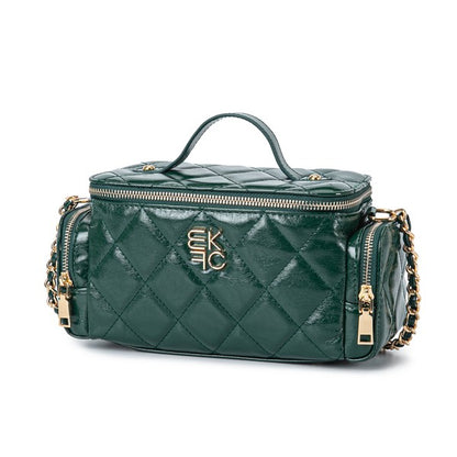 Green MKF Fortuna quilted crossbody bag with gold-tone accents and top handle.