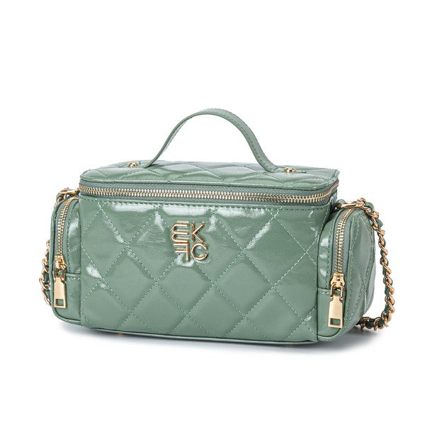 Sage green MKF Fortuna quilted crossbody purse with gold-tone details.