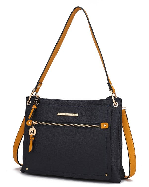Navy/Mustard Aliyah shoulder bag front view with gold-tone hardware.