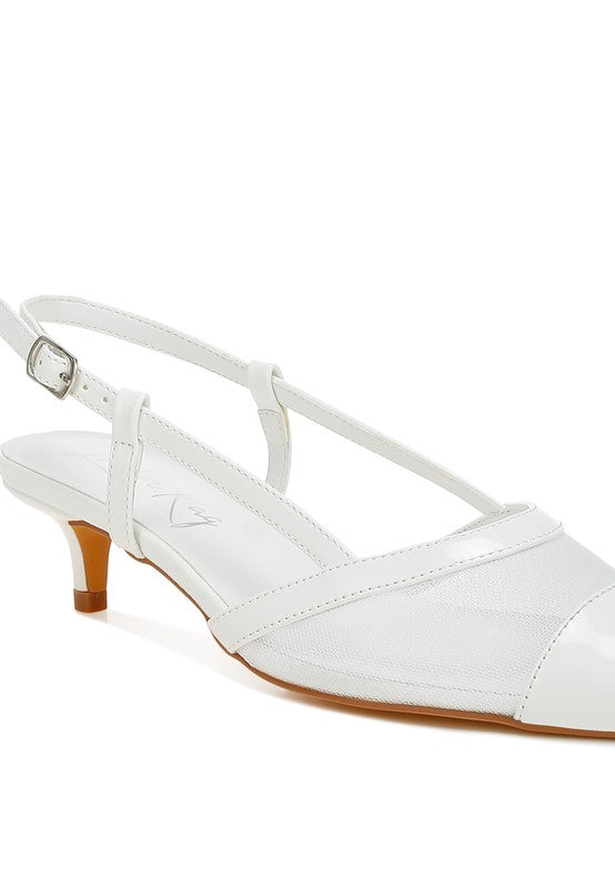 White Iyla Mesh Slingback Heels close-up highlighting slingback buckle and faux leather trim