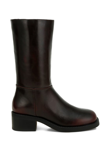 Side view of Soora Block Heel Calf Boots in brown with 1.5-inch block heel