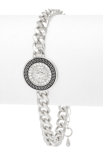 Melida Medallion Charm Bracelet in silver rhodium finish with Greek-inspired medallion and cubic zirconia detail.