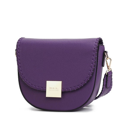 Purple Isa crossbody bag with square gold-tone closure and clean silhouette.