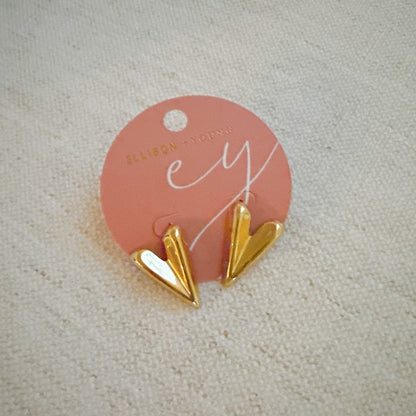 Hey Love Heart Stud Earrings in 18k gold-plated stainless steel, measuring approximately 1 inch by 0.8 inches, featuring a bold heart design, water and tarnish resistance, and lead- and nickel-free construction.