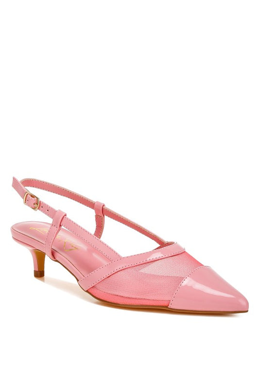 Pink Iyla Mesh Slingback Heels front angle view showing pointed toe and kitten heel